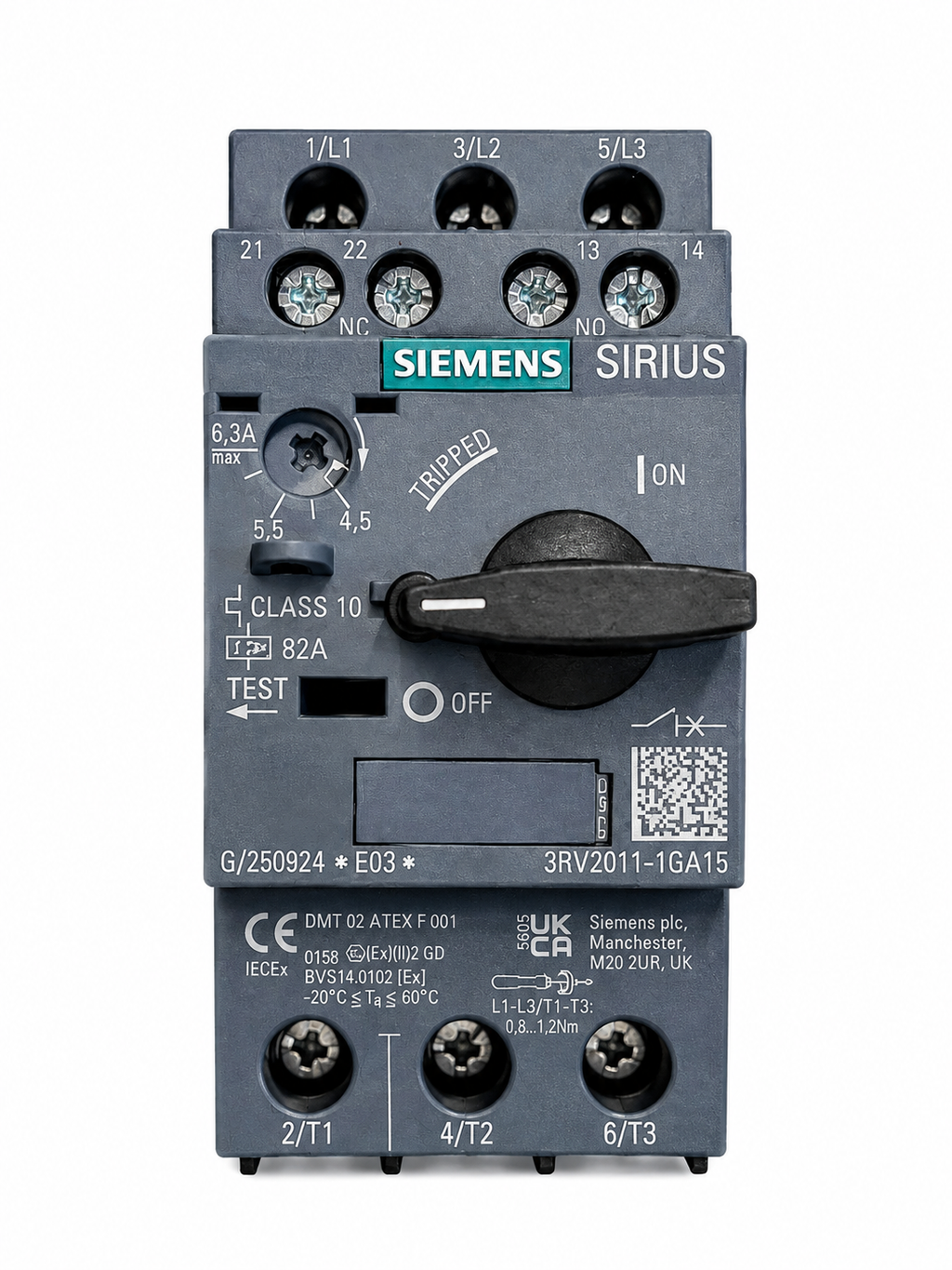 Guardamotor Siemens SIRIUS 3RV2011-1GA15 | Ajuste 4.5–6.3 A | Protección para Motor