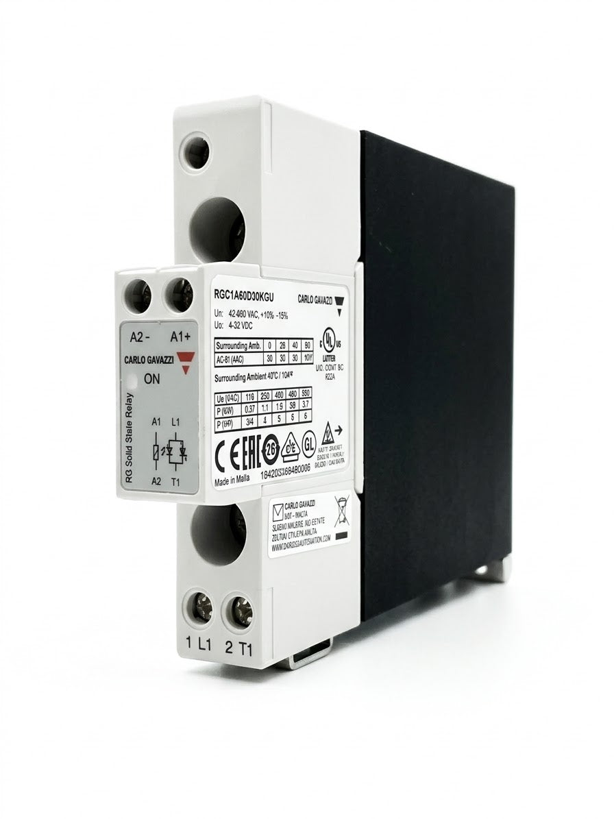 SSR monofásico Carlo Gavazzi RGC1A60D30KGU, 30 A, 600 V CA, control 4–32 V CC
